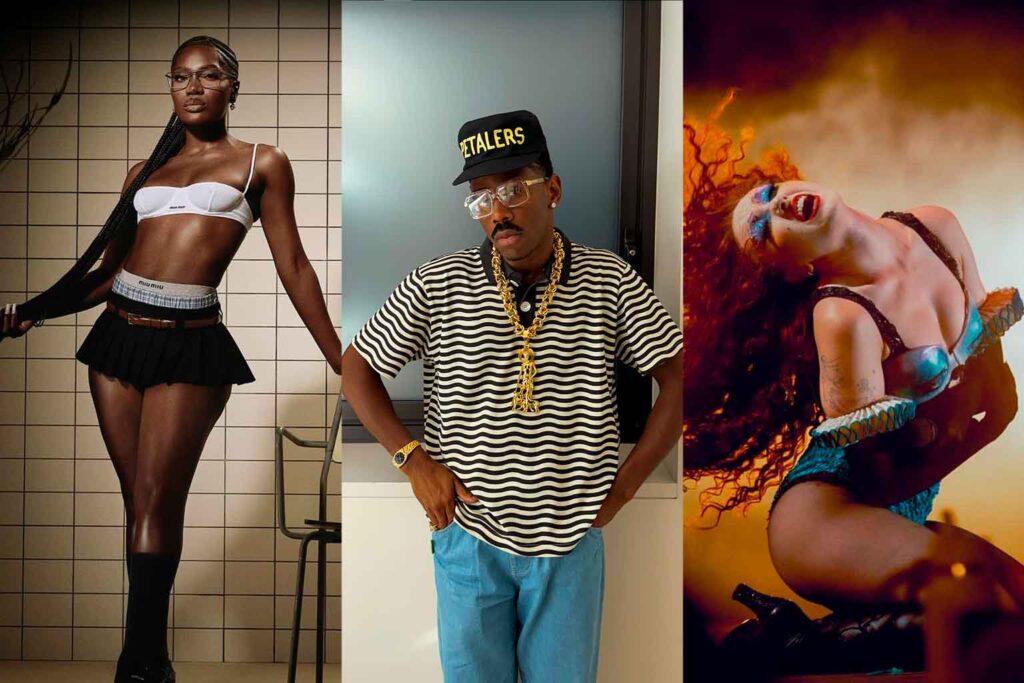 divida em três parte a imagem mostra os artistas Doechii, Tyler e Chappell