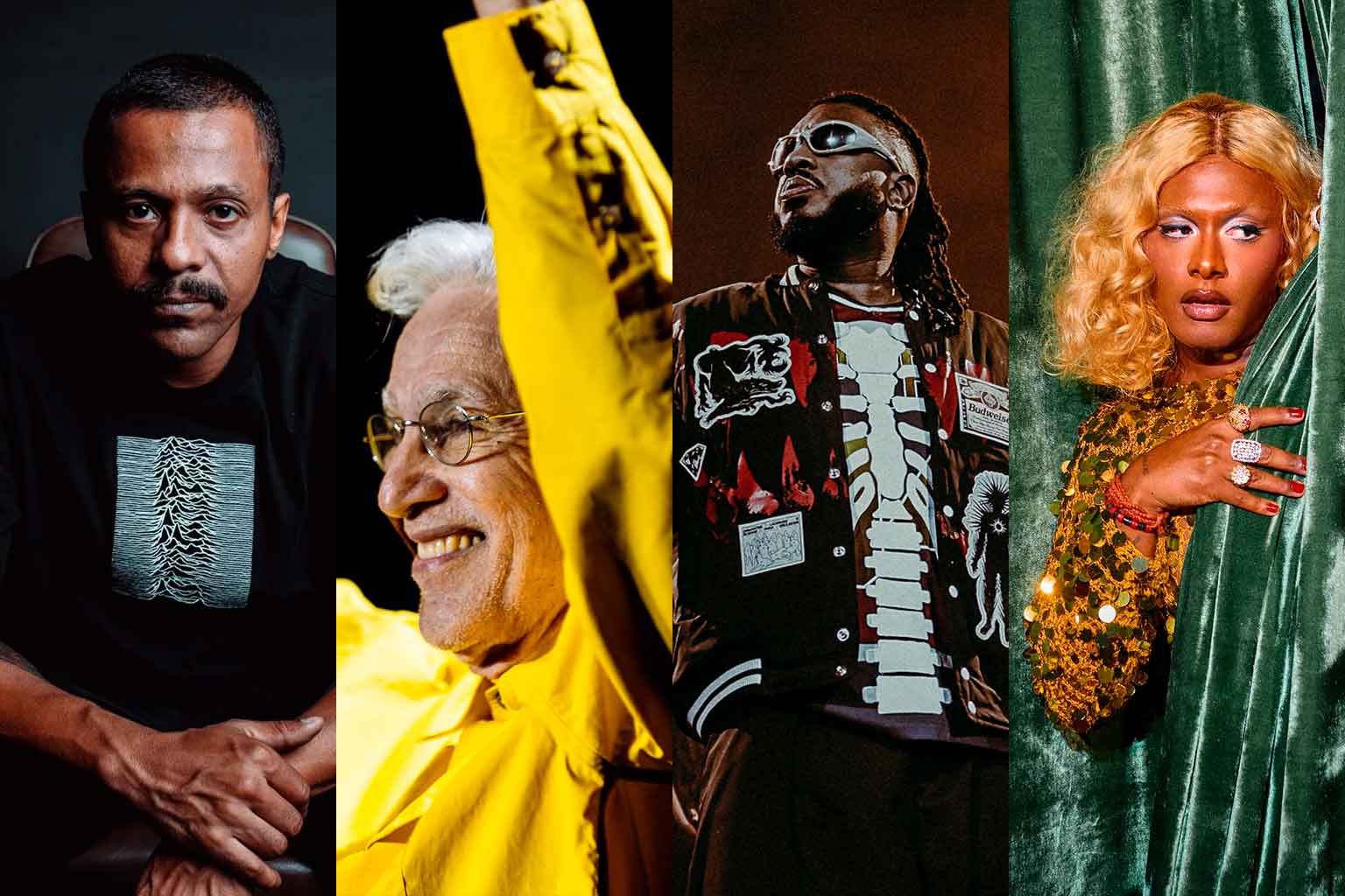 junção das fotografias dos artistas black alien, caetano veloso, liniker e bk.