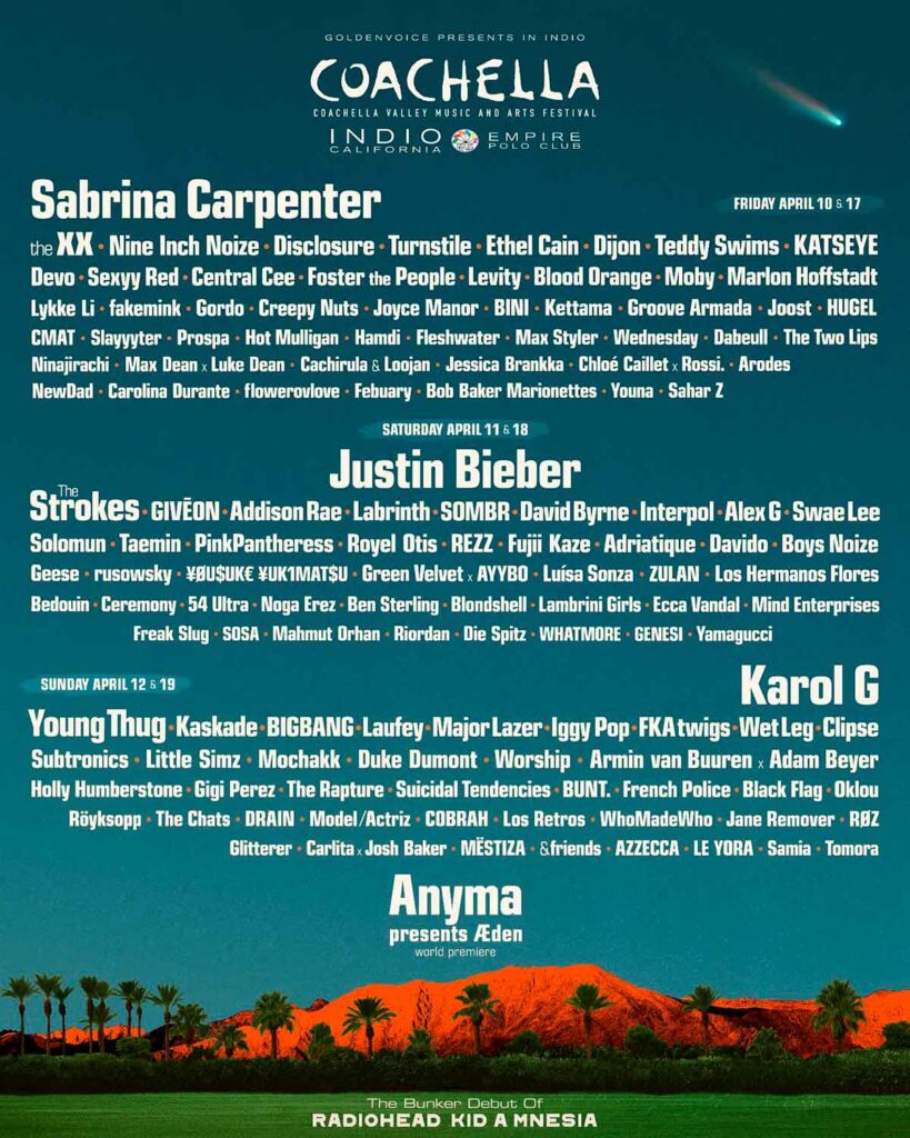 lineup da programação do Coachella 2026 valley music and arts festival