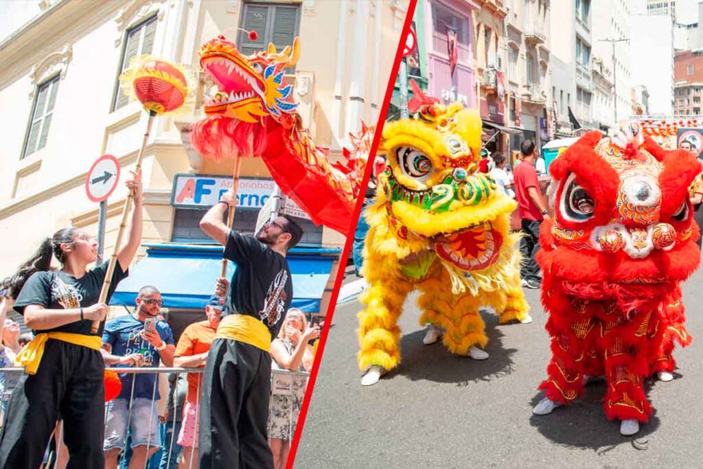 Pessoas usando um dragao chines em apresentação cultural no brasil sao paulo