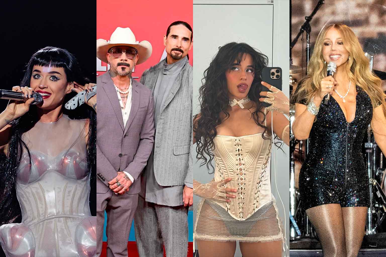 colagem com as artistas kety perry, mariah carey, camila cabelo e backstreet boys