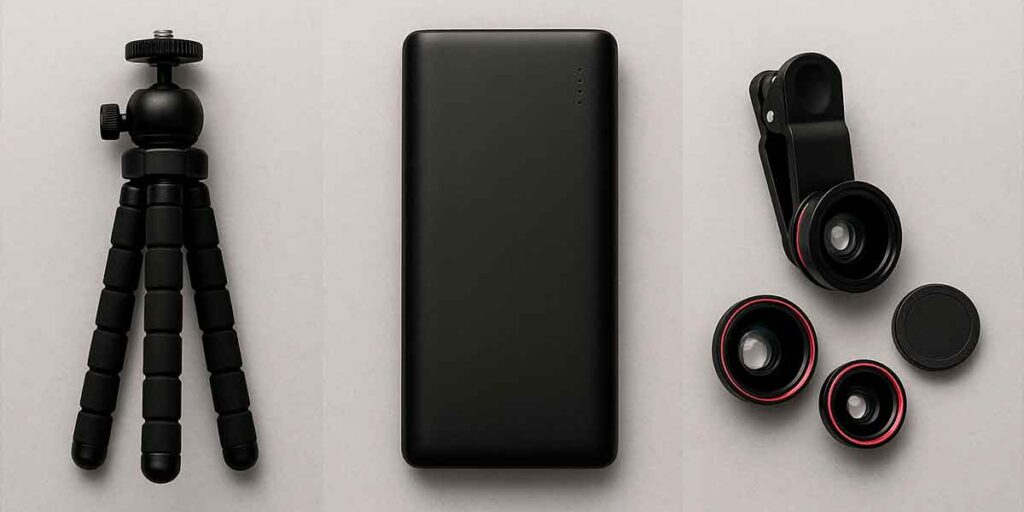 imagem divida em três: um tripé flexivel, um power bank e uma lentes para celular