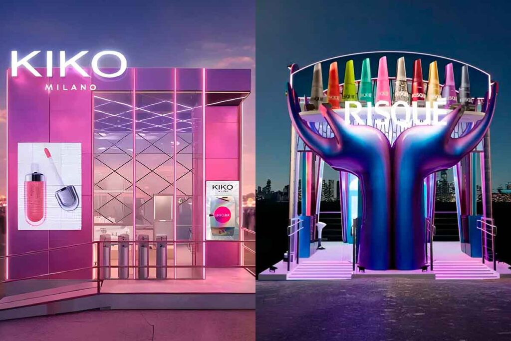 Ativações de beleza das marcas KIKO Milano e Risqué oferecendo experiências de maquiagem e jogos interativos com brindes exclusivos.