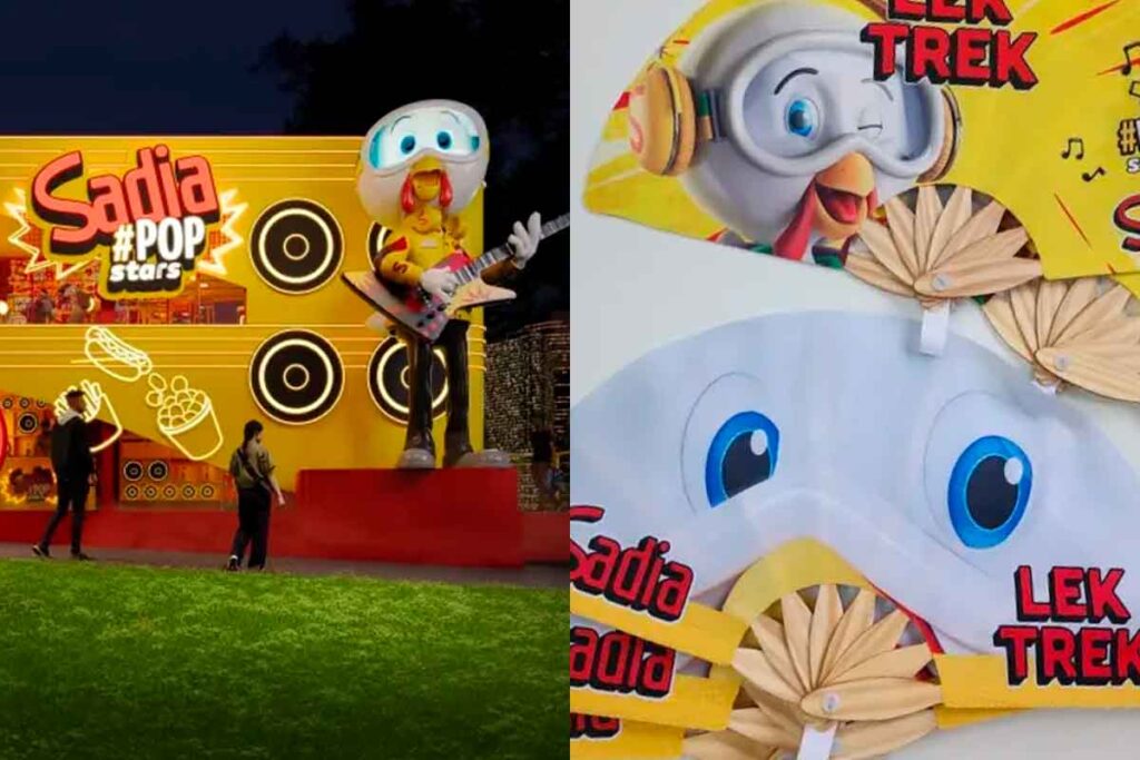 leque personalizado com o mascote da Sadia, brinde da experiência Popstars para aliviar o calor em Interlagos